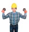 Engineering hand with the fist making symbol wear Striped shirt blue and glove leather with yellow safety helmet plastic On head