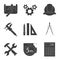 Engineering items and tools concepts icons set. Silhouette symbols. Drawing, gears, helmet, caliper, divider, hammer and