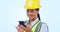 Engineering, woman and phone for construction chat, communication and project management in studio. Asian contractor or