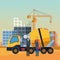 Enginner and builder and concrete mixer truck over under construction scenery background