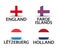 England, Faroe Islands, Luxembourg and Netherlands. Set of four English, Faroe Islands, Luxembourgish and Dutch stickers