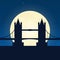 England, London silhouette of attraction. Travel banner with moon on the night background. Trip to country. Travelling illustratio