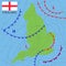 England. Realistic synoptic map of the England showing isobars and weather fronts. Meteorological forecast. Map country