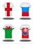 England, Russia, Wales, Slovakia flags on t-shirt on white background