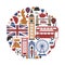 England UK travel sightseeing icons and vector landmarks poster
