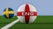 England vs. Sweden Soccer Match - Soccer balls in Sweden and England national colors on a soccer field