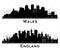 England and Wales City Skyline Silhouette Set with Black Buildings Isolated on White