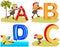 English ABC alphabet for children. Insect ant and letters. Apple, board, cheese, duck
