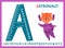 English alphabet with cartoon cute children illustrations. Kids learning material. Letter A. Illustration of a cute