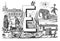 English alphabet E with mixed illustrations animals and decoration hand drawn ABC / Antique illustration from Petit Larousse 1914