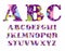 English alphabet, flowers, vector font, capital letters, violet-purple.