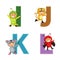 English alphabet with kids in animal costume, I to L letters