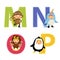 English alphabet with kids in animal costume, M to P letters