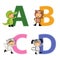 English alphabet with kids in animal costume, A to D letters