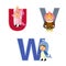 English alphabet with kids in animal costume, U to W letters
