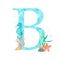 English alphabet Letter B Monogram with watercolor marine design - seahorse seaweed coral starfish. Isolated on white