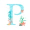 English alphabet Letter P Monogram with watercolor marine design - seahorse seaweed coral starfish. Isolated on white