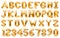 English alphabet and numbers made of golden inflatable helium balloons isolated on white. Gold foil balloon font, full alphabet