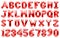 English alphabet and numbers made of red inflatable helium balloons isolated on white. Red foil balloon font, full alphabet set of