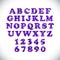 English alphabet and numerals from purple, violet balloons