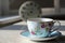 English blue and white tea cup on saucer