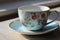 English blue and white tea cup on saucer