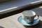 English blue and white tea cup on saucer