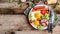 English breakfast with fried egg, bacon, tomatoes and sausage. Restaurant menu, dieting, cookbook recipe. Top view, flat lay
