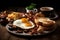 English breakfast with fried eggs, bacon, mushrooms, toasts and coffee, Generative AI
