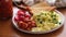 English breakfast scrambled eggs with baked beans and bread toast