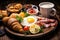 English breakfast on the white plate, eggs with liquid yolk, sausages, fork and knife, croissants, coffee with milk