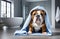 English bulldog after bath, wrapped in towel on bathroom background. Spa salon, hair salon for dogs. Dog after grooming