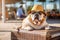 An English bulldog with glasses and a hat lying on a suitcase at the airport. Generative AI