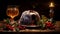 English Christmas pudding, flaming brandy. Pudding is decorated by holly leaves, berries, and an antique silver serving