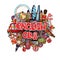 English club educational concept. English club phrase on cartoon doodle objects in London theme - big ben, London Tower