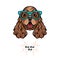 English cocker spaniel geek. Smart glasses. Clever dog portrait. Vector.