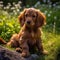 English Cocker Spaniel puppy sitting on the green meadow in a summer green field. Portrait of a cute English Cocker Spaniel pup