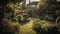 english country house,a north london garden, illustration, Generative AI