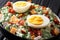 English Easter salad with fresh green peas, boiled eggs, bacon and cheddar cheese with sauce close-up in a bowl on the table.