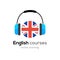 English language learning logo icon with headphones. Creative english class fluent concept speak test and grammar