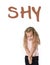 English language vocabulary school card with the word shy and a sweet little girl looking timid
