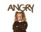 English learning vocabulary card with the word angry and portrait of sweet beautiful little child girl upset