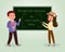 English lesson flat vector illustration. Tutor explaining, pointing at blackboard, English native speaker holding books