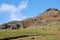 English mountain winter landscape with sheep grazing blue sky