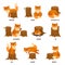 English prepositions. Cartoon animal, learn place preposition. Cute wild fox standing behind between or above. Children