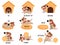 English prepositions with cute animal. Cartoon dog behind, above, near and under dog house, bowl. Learning words kids