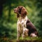 English Springer Spaniel sitting on the green meadow in summer. English Springer Spaniel dog sitting on the grass with a summer