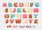 English sweet donut alphabet abc Greeting party vector font.Children`s Alphabet. Alphabetical set in bakery doughnuts style.