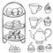 English tea set. Teapot,  cups and cakes. Vector sketch  illustration