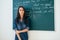 English teacher standing near chalkboard language school.